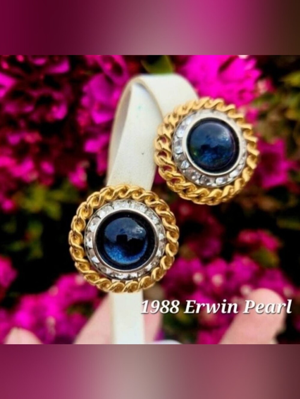 Rare Dated 1988 Erwin Pearl Faux Labradorite Clip Earrings